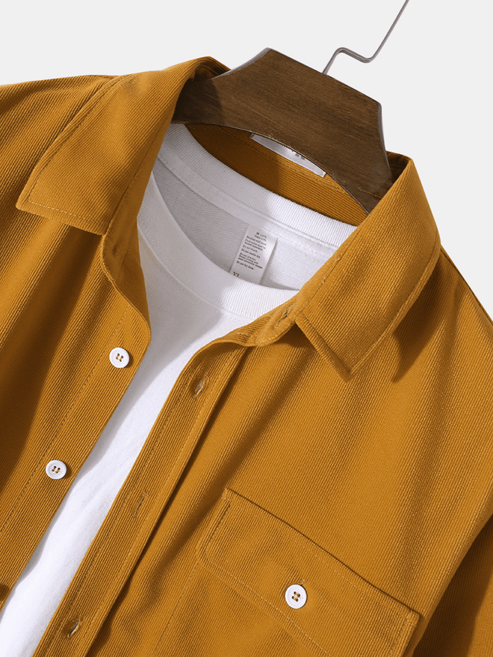 Mens Yellow Button down Long-Sleeve Corduroy Shirt - MRSLM