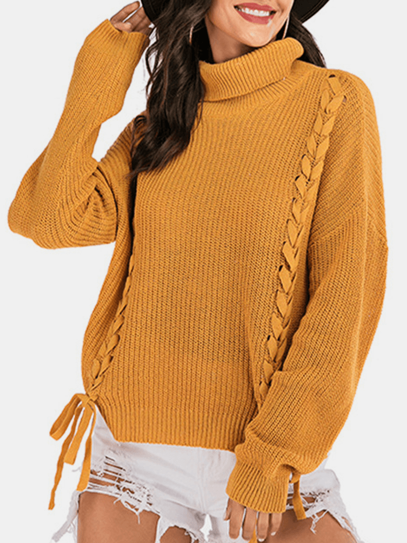 Women Bandage High Neck Pullover Warm Yellow Knitting Sweaters - MRSLM