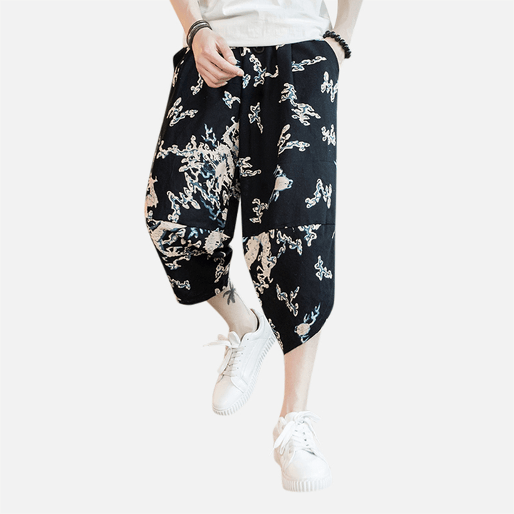 Mens Summer Chinese Style Linen Printing Calf Pants - MRSLM