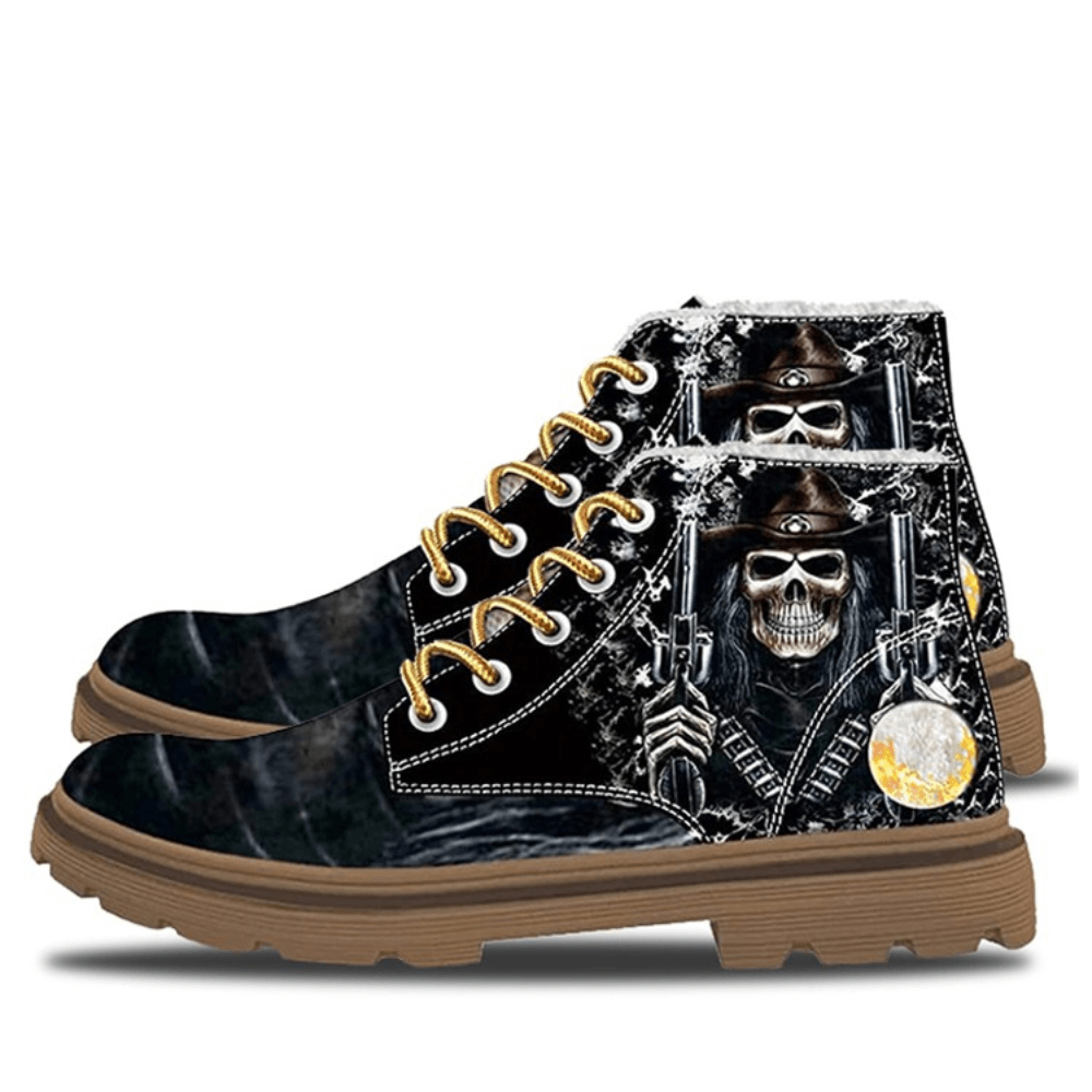 Men Leather Halloween Funny Skull Printing Non Slip Comfy Casual Martin Ankle Boots - MRSLM