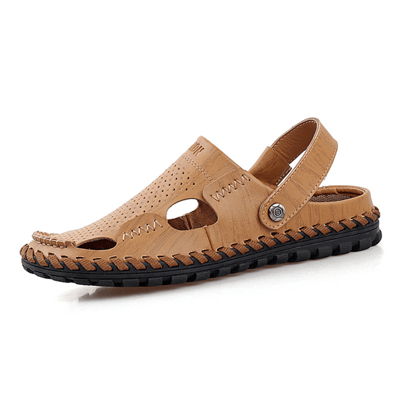 Men Summer Leather Sandal Casual round Toe Outdoor Flat Fashion Soft Beach Slipper - MRSLM