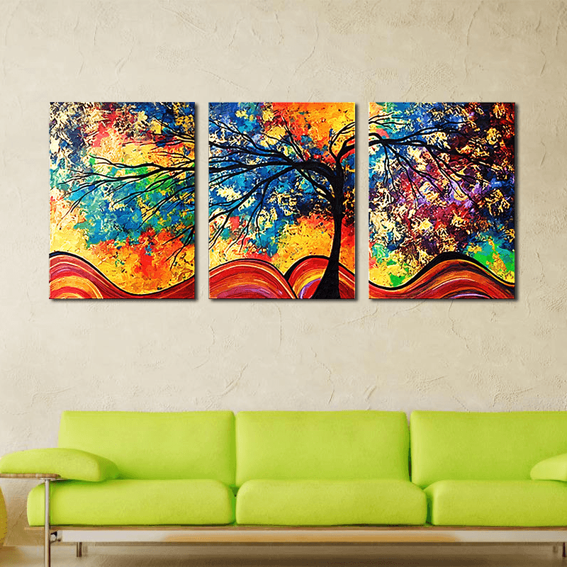 Miico Hand Painted Three Combination Decorative Paintings Money Tree Wall Art for Home Decoration - MRSLM