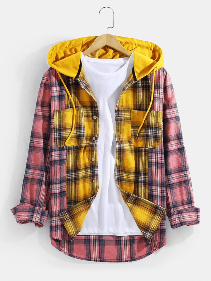 Mens Plaid Patchwork Button up Long Sleeve Hooded Shirts with Double Pocket - MRSLM