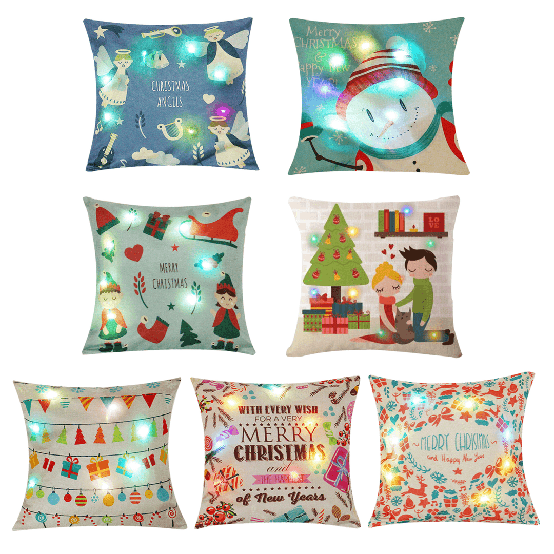 18"X18"Christmas LED Lights Linen Pillow Case Cushion Cover Sofa Case Home Decor - MRSLM