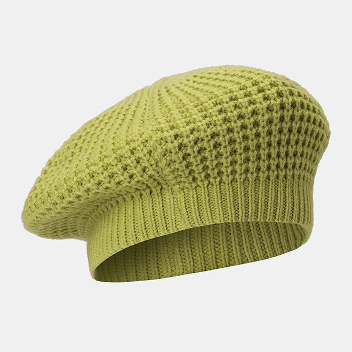 Women Solid Color Dome Hollow Breathable Knitted Hat Outdoor Windproof Sunshade Beret Cap - MRSLM