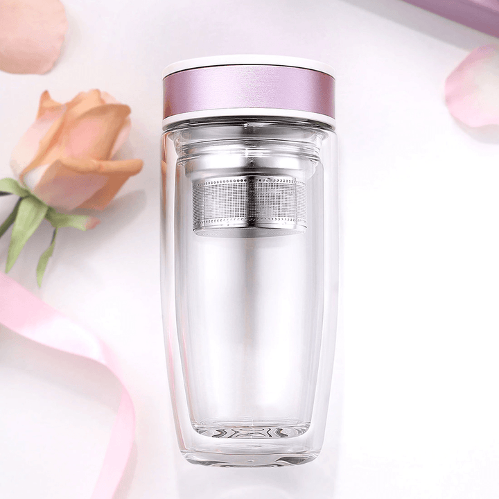 380ML Double Wall Glass Tea Tumbler Water Bottle with Filter Infuser Travel Mug - MRSLM