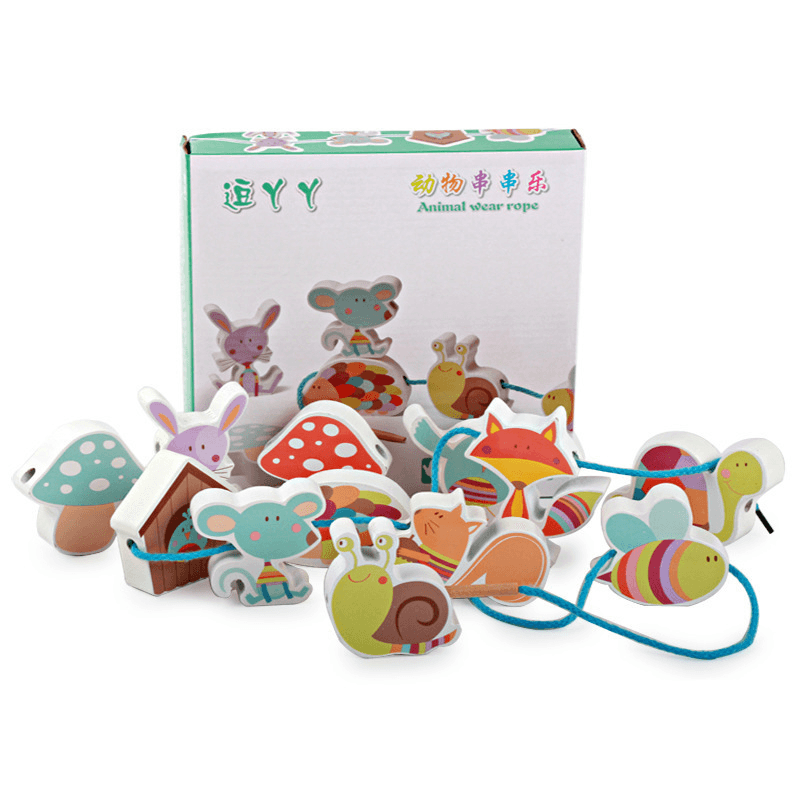 Wooden Early Education Fruit Animal Handmade Puzzle Beaded Stringing Toy - MRSLM