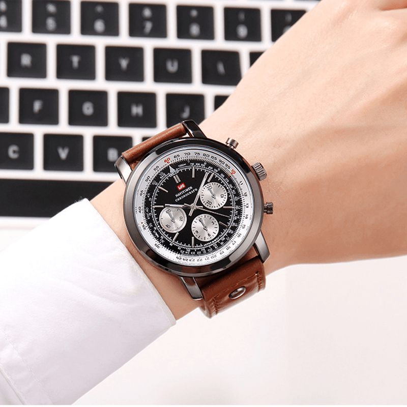 VAVA VOOM VA-207 Business Large Dial Genuine Leather Strap Chronograph Waterproof Men Quartz Watch - MRSLM