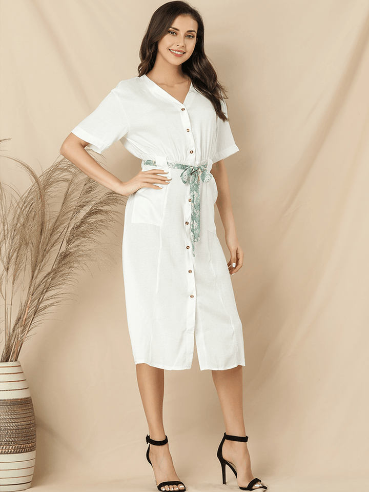 Women Casual V-Neck Short Sleeve Midi Shirt Dress - MRSLM