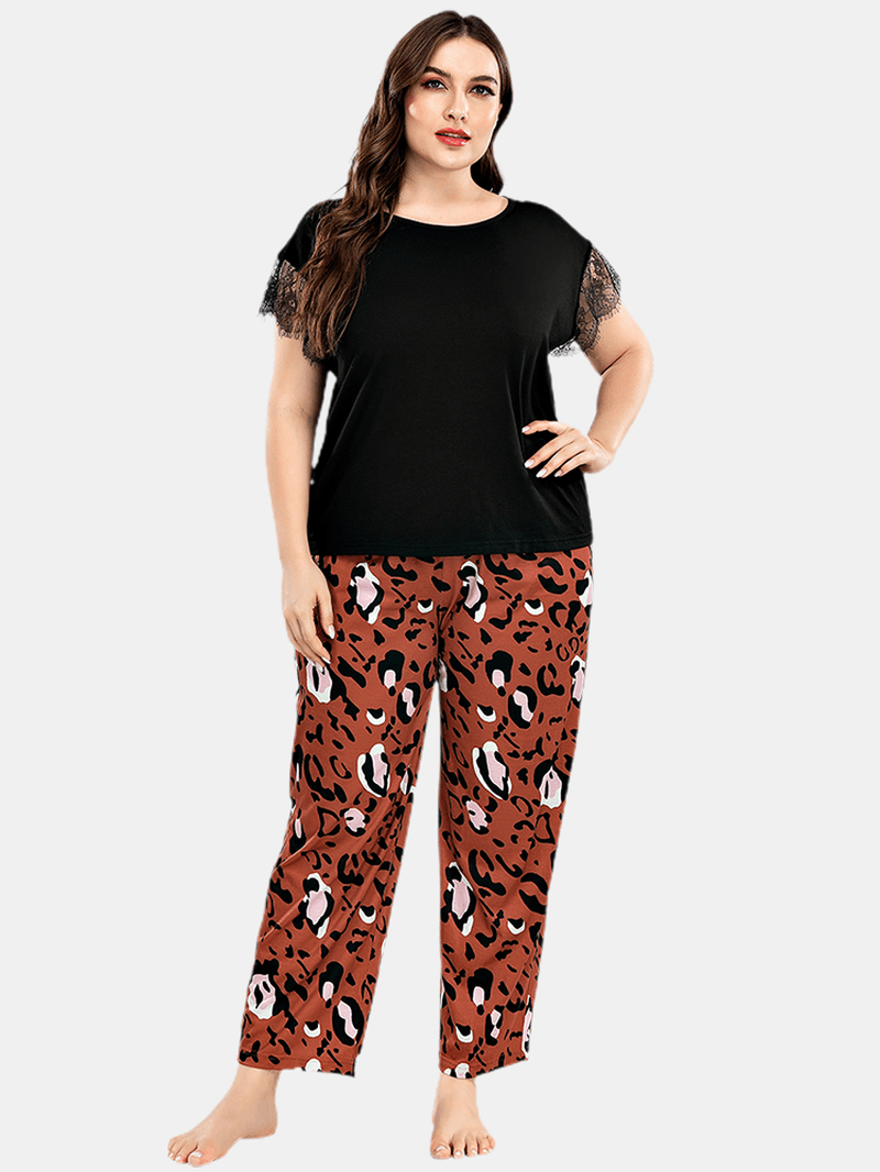 Plus Size Women Lace Black Short Sleeve Top Leopard Pants Home Casual Pajama Set - MRSLM