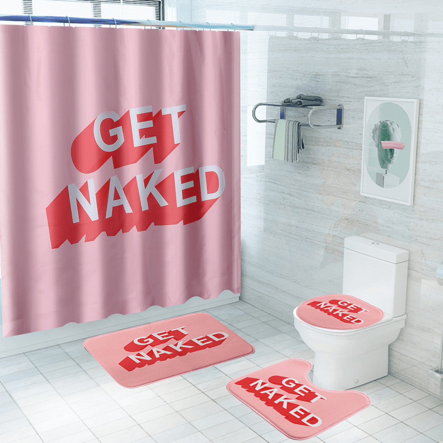 Shower Curtain Set Bathroom Non-Slip Toilet Mat Cover Rug Pink - MRSLM