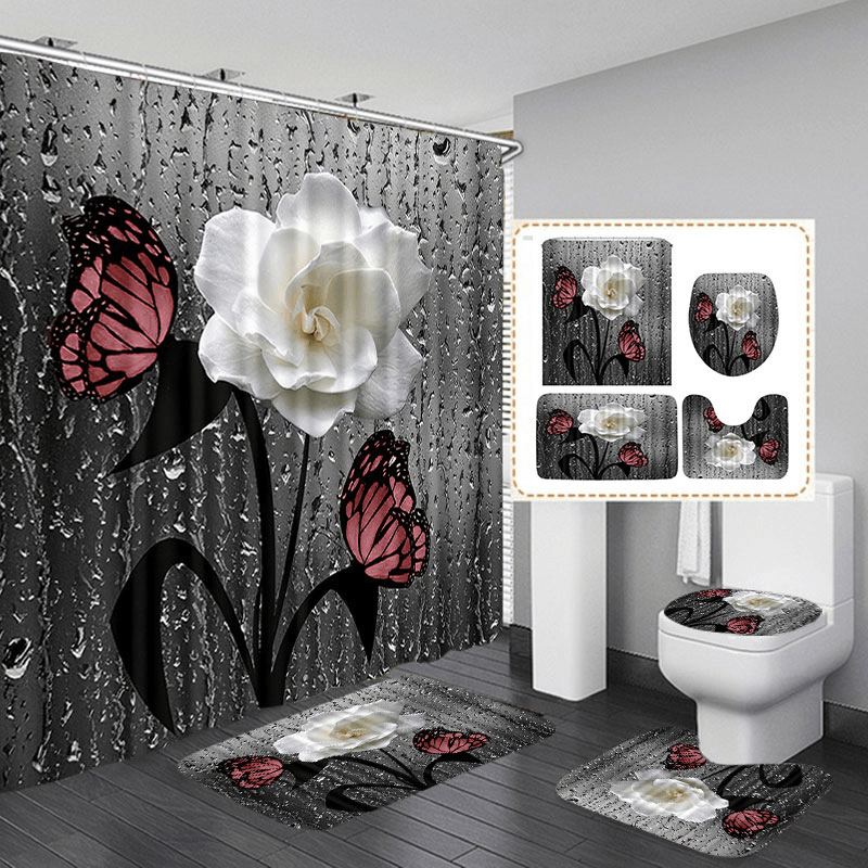 Butterfly Flower Shower Curtain Set Waterproof Polyester Bathroom Mat Set - MRSLM