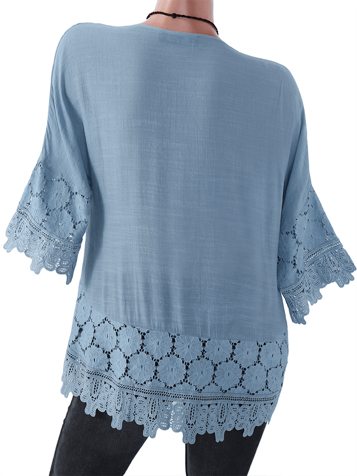 Women Hollow Lace Patchwork 3/4 Sleeve Blouse - MRSLM