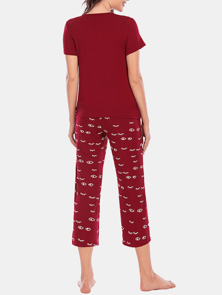 Plus Size Women Letter Eye Print Comfy Short Sleeve Pajama Sets - MRSLM