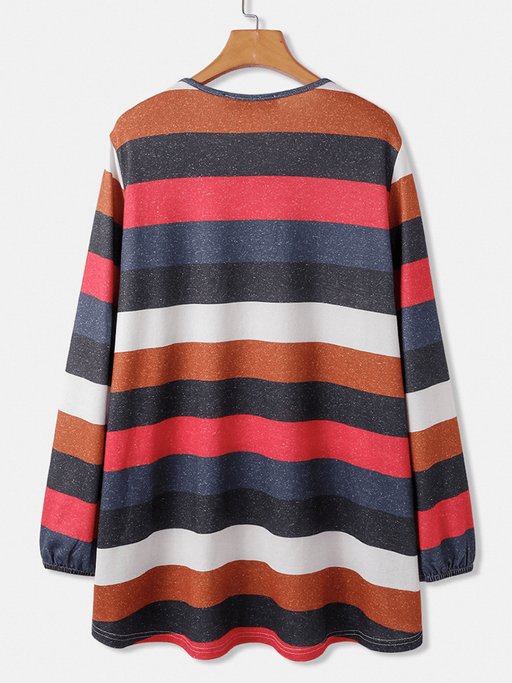 Women Colorful Horizontal Stripe round Neck Casual Long Sleeve Blouses - MRSLM