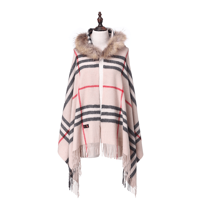 Women'S Shawl Raccoon Fur Collar Wool Plaid Scarf - MRSLM