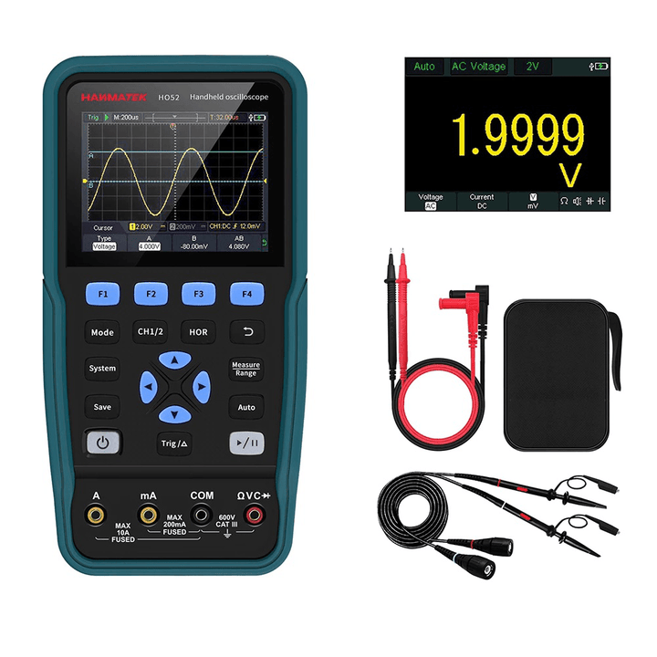 HANMATEK HO52 2 in 1 Digital Oscilloscope + Multimeter 50Mhz Bandwidth Handheld Dual Channel 3.5 Inch LCD Display Oscilloscope Voltage/Current/Resistance/Capacitance/Diode/On-Off Test 4 1/2 True RMS Multimeter - MRSLM