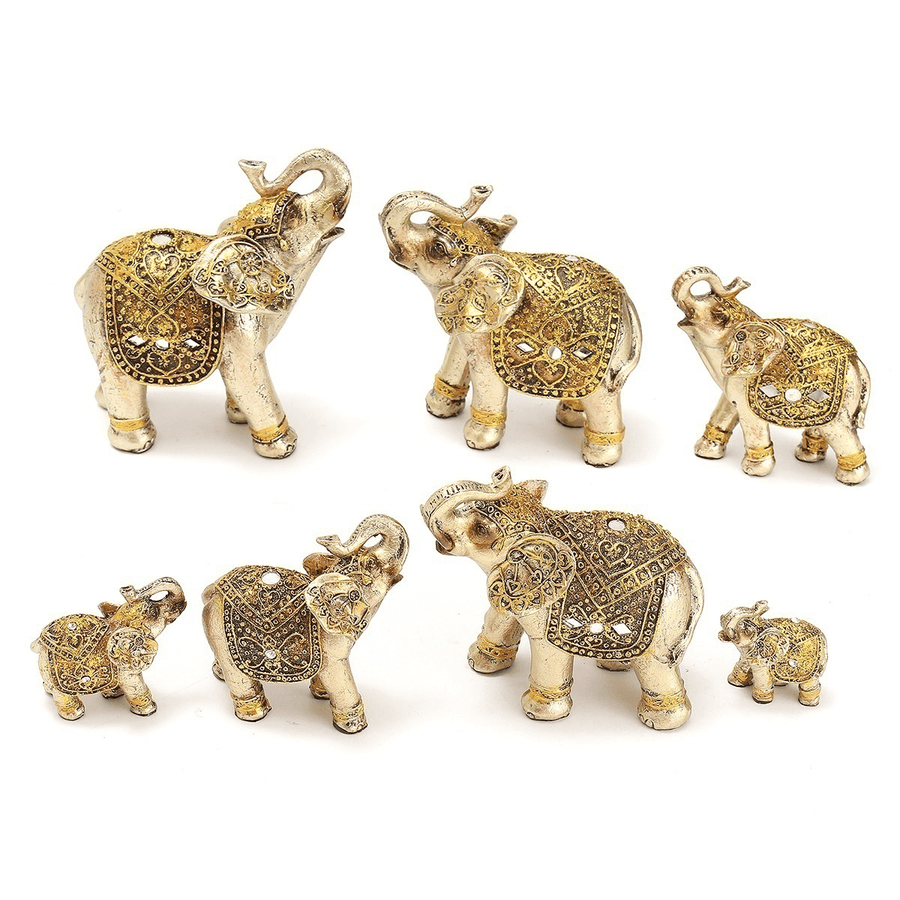 7Pcs Feng Shui Golden Elephant Statue Lucky Wealth Figurine Gift Home Decor - MRSLM