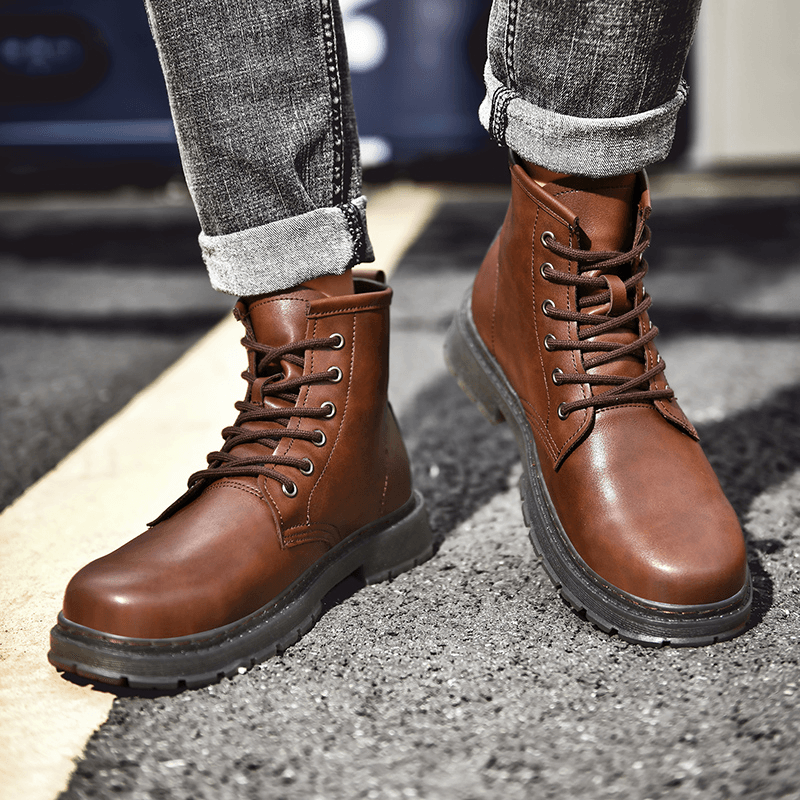 Men Leather Comfy Soft Sole round Toe Vintage England Style Casual Martin Boots - MRSLM