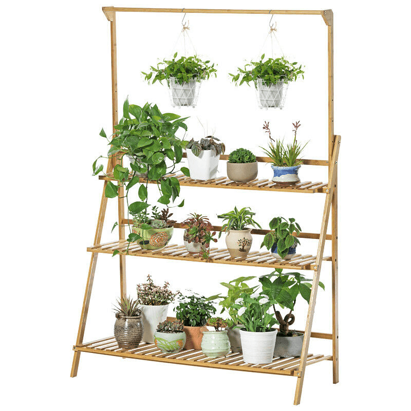 Bamboo Hanging Plant Stand Shelves Flower Pot Storage Organizer Rack - MRSLM