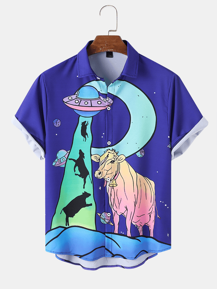 Mens Funny Space Bull Pattern Casual Shirts - MRSLM