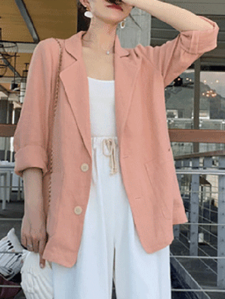 100% Cotton Solid Full Sleeve Lapel Loose Coat with Side Pockets for Women - MRSLM