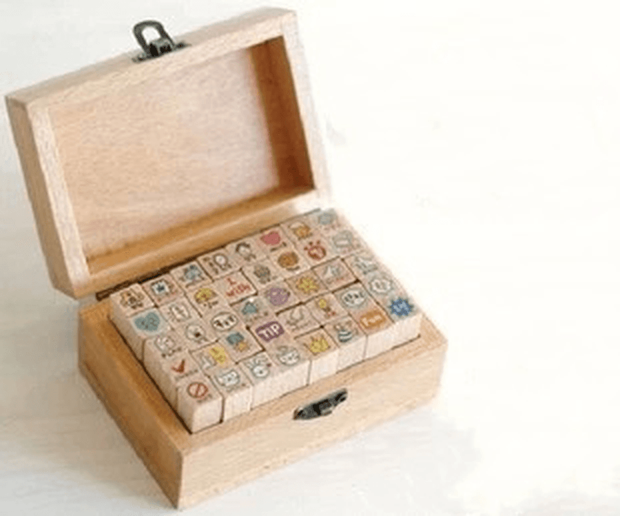 Cute Cat Hand Account Wooden Box Seal Set 40 Small Seals - MRSLM