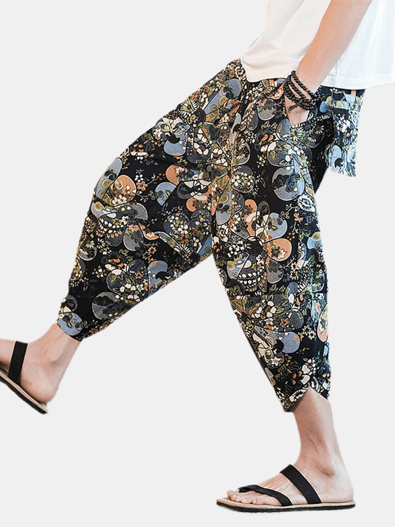 Mens Abstract Print Ethnic Style Pocket Elastic Waist Vintage Pants - MRSLM