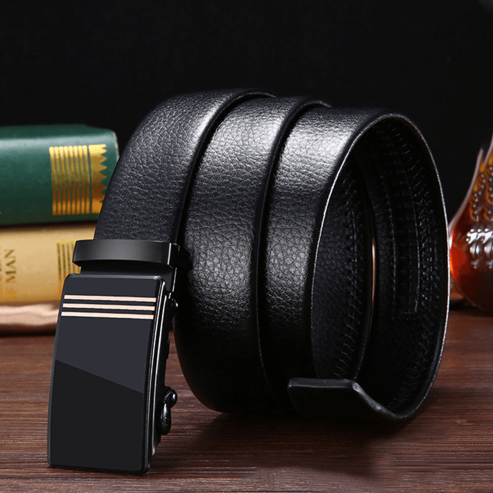 Men PU Leather Rectangular Acrylic Automatic Buckle Scratch-Resistant Business Casual Ratchet Belt - MRSLM