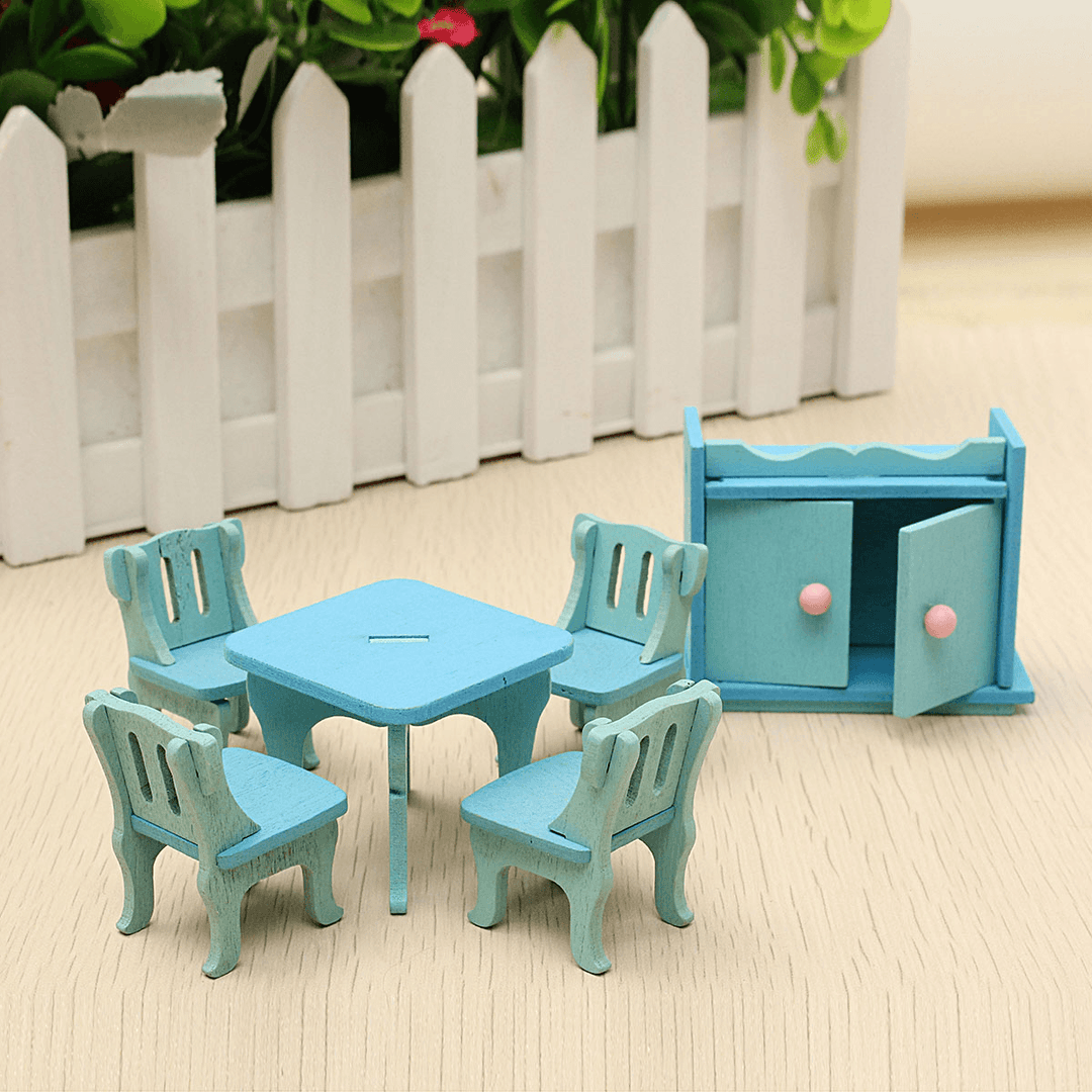 Wooden Dollhouse Furniture Doll House Miniature Dinning Room Set Kids Role Play Toy Kit - MRSLM