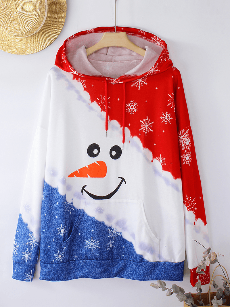 Christmas Women Colorblock Cute Snowman Print Hoodies with Kangaroo Pocket - MRSLM