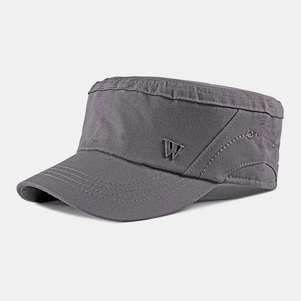 Men Cotton Metal Letter Patch Flat Top Hat Casual Adjustable Cadet Army Caps Military Caps - MRSLM