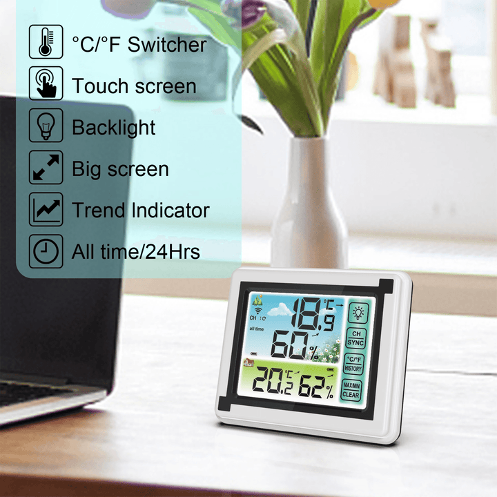 Yuihome WP6950 433Mhz Indoor Outdoor Touch Screen Wireless Weather Station Color LCD HTN Display IPX4 Hygrometer Thermometer Outdoor Forecast Sensor Clock - MRSLM