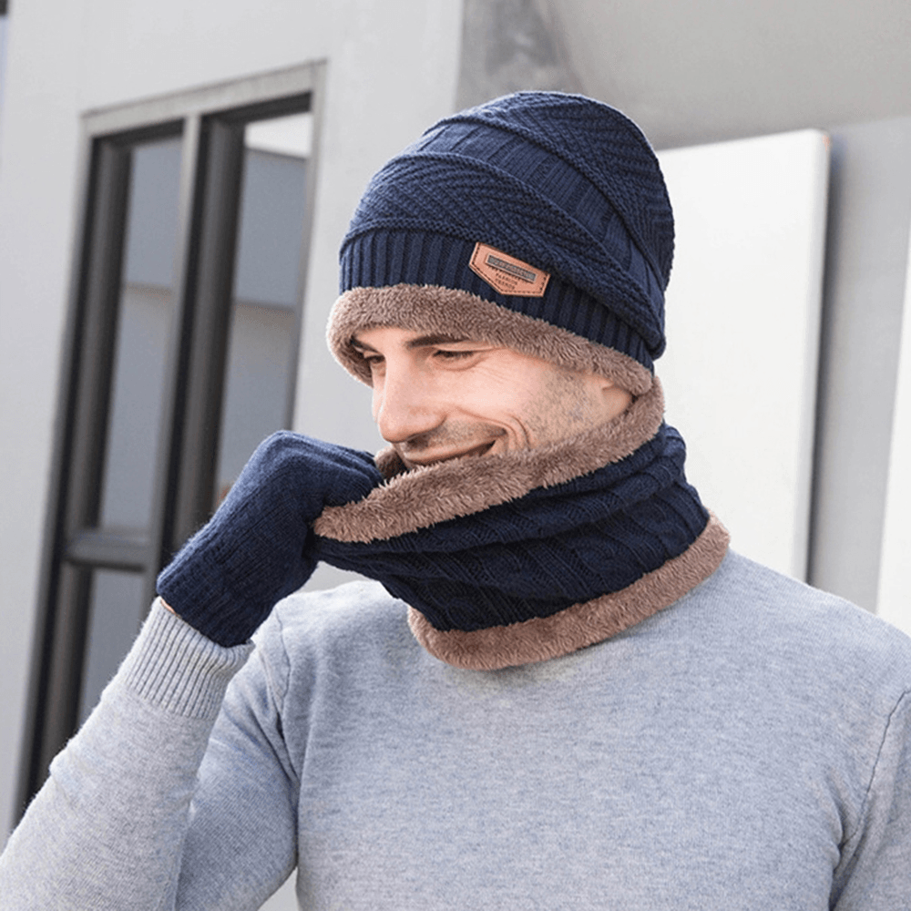 Men Child 3PCS Solid Color Keep Warm Sets Fashion Casual Wool Hat Beanie Scarf Full-Finger Gloves - MRSLM