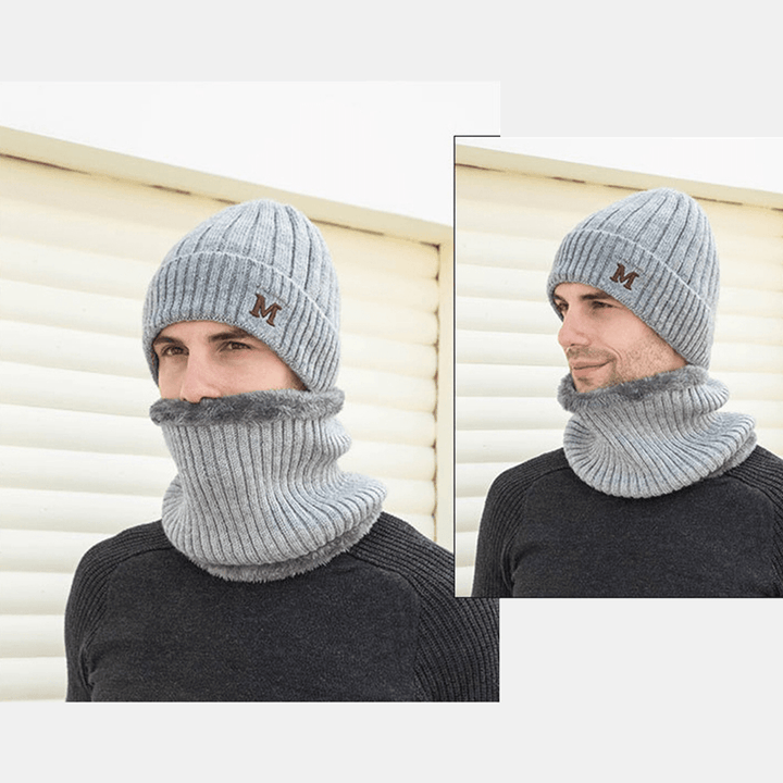 Men 2PCS plus Velvet Thick Elastic Windproof Keep Neck Protection Warm Headgear Scarf Wool Beanie - MRSLM