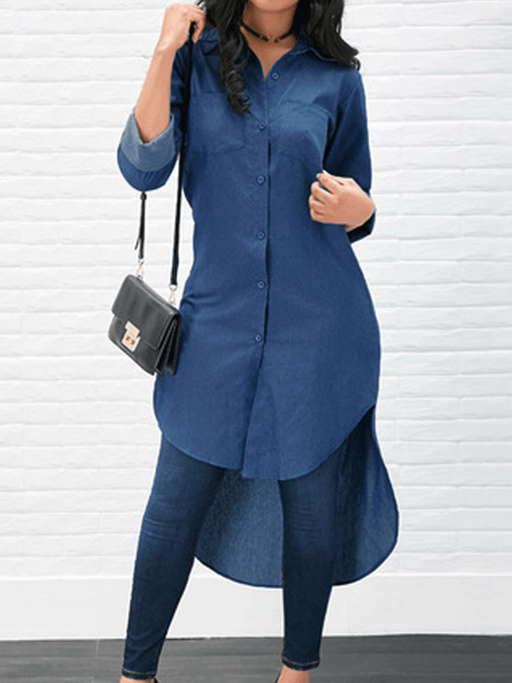 Long Sleeve Solid Color High-Low Hem Denim Shirt Dress - MRSLM