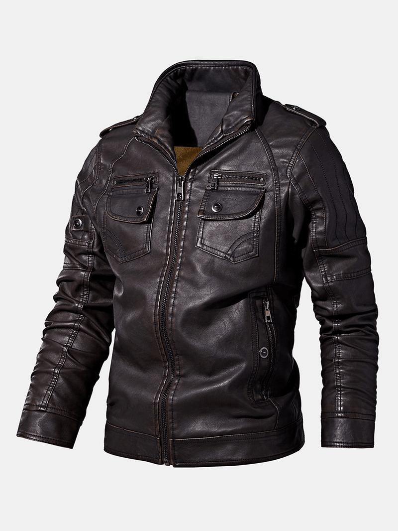 Mens Washed Vintage Multi-Pocket Zipper Lapel Winter Thicken PU Leather Jacket - MRSLM