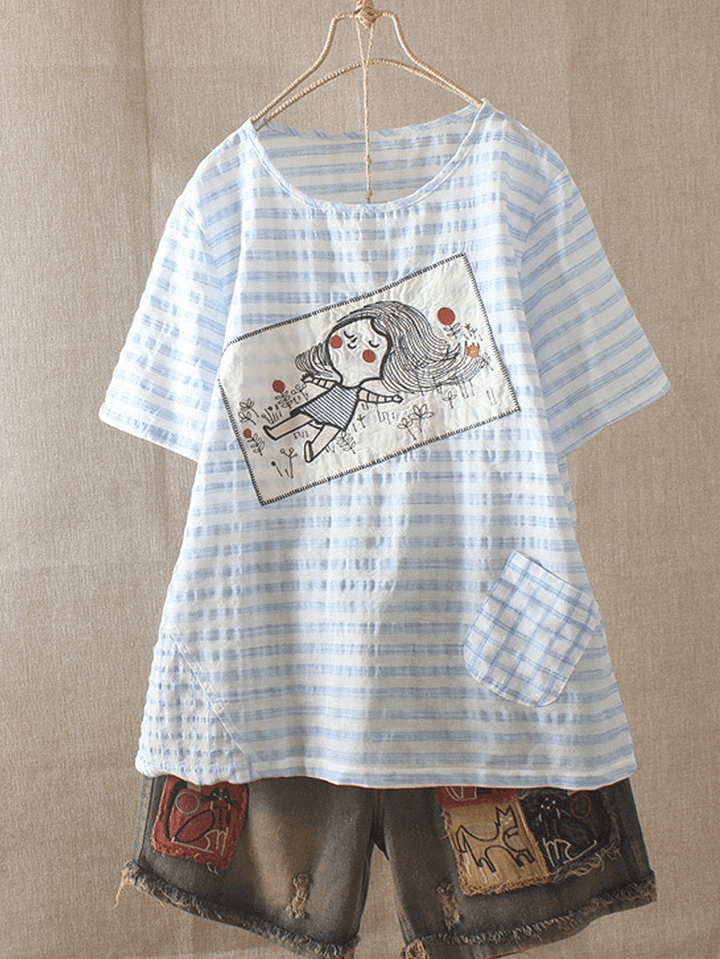 Print Striped Embroideried Cartoon Casual T-Shirts - MRSLM