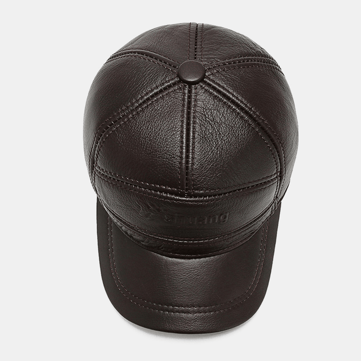 Men Genuine Leather plus Thicken Warm Outdoor Windproof Ear Protection Baseball Hat - MRSLM