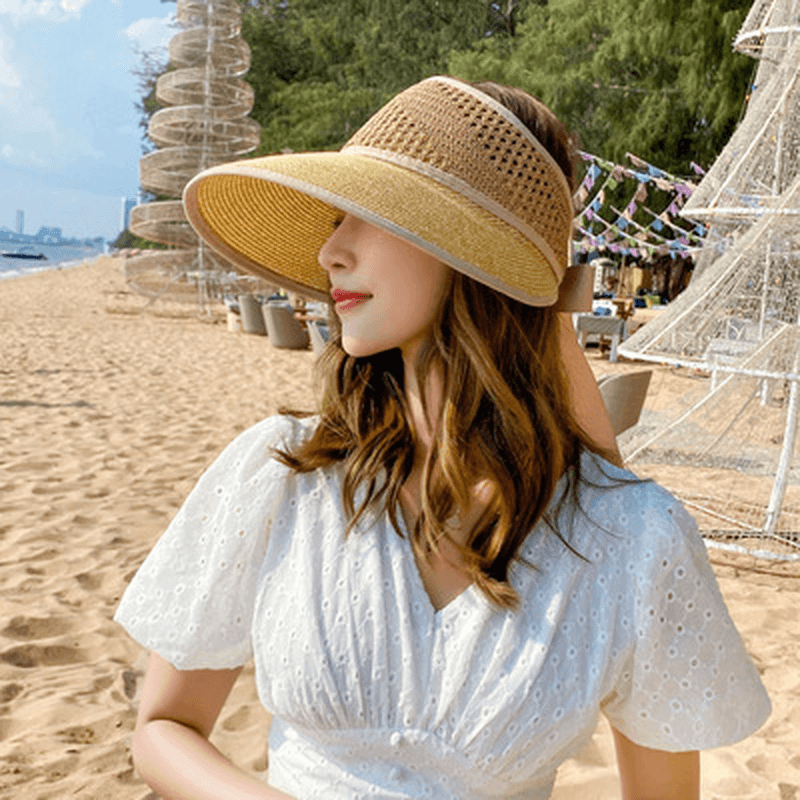 Sun Hat Women'S Big Brim Hollow Top Hat Hollow Summer Outdoor Big Brim No Top Folding Anti-Ultraviolet Sunscreen - MRSLM