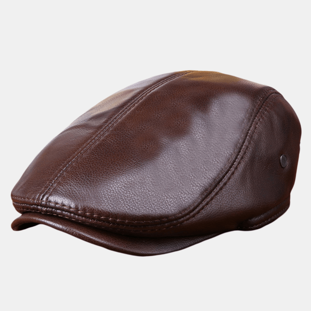 Men Vintage Genuine Leather Beret Caps Outdoor Caps Adjustable - MRSLM