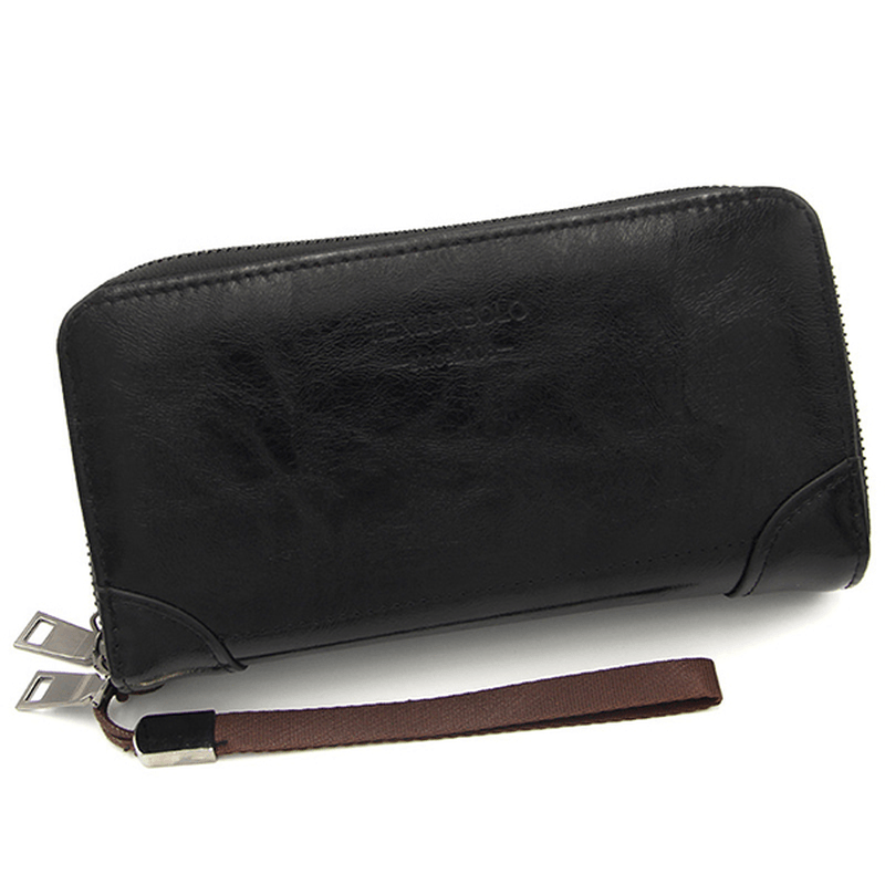 Men Faux Leather Business Double Zipper Long Wallet Clutch Bag - MRSLM