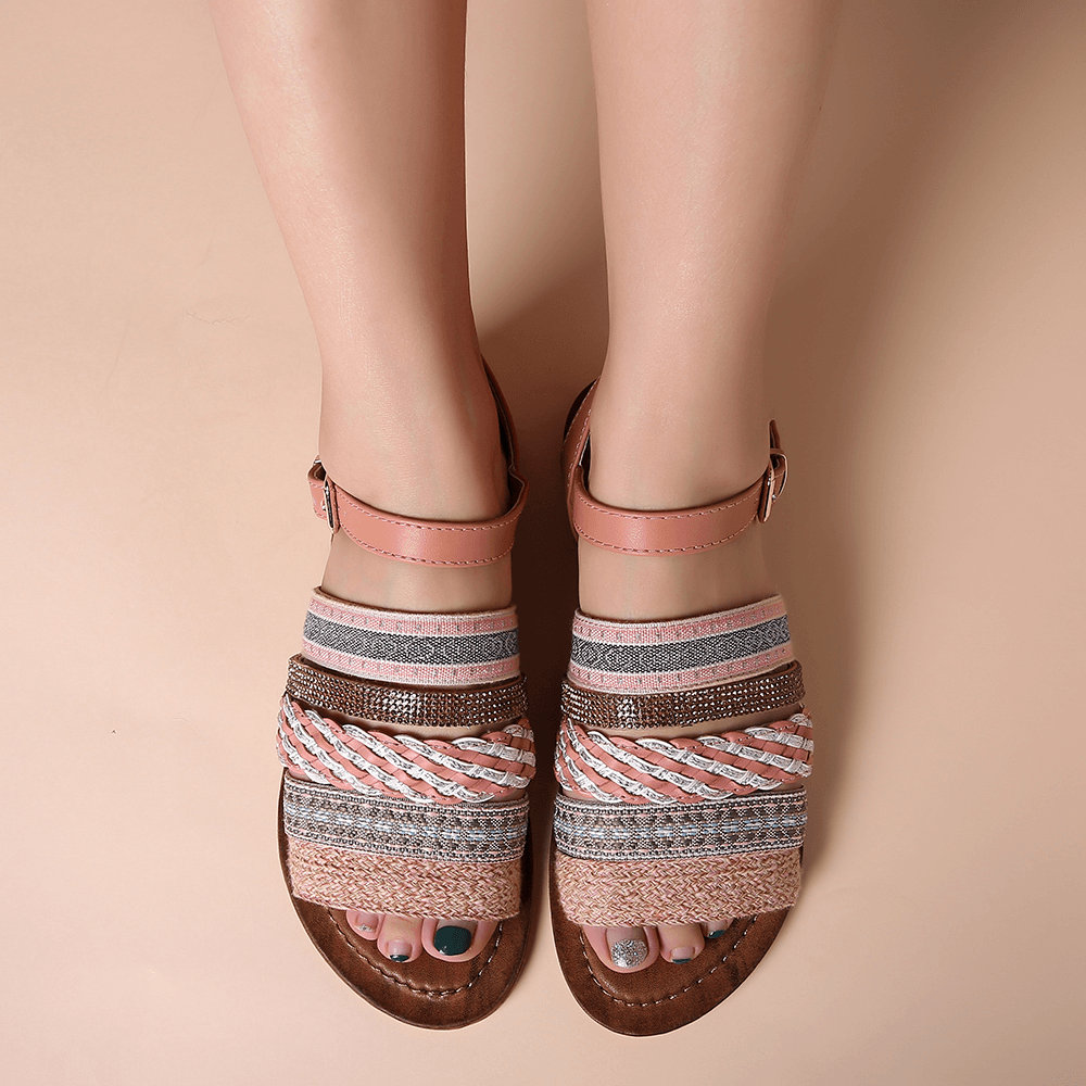 Lostisy Women Casual Bohemia Weave Stitching Buckle Flat Sandals - MRSLM
