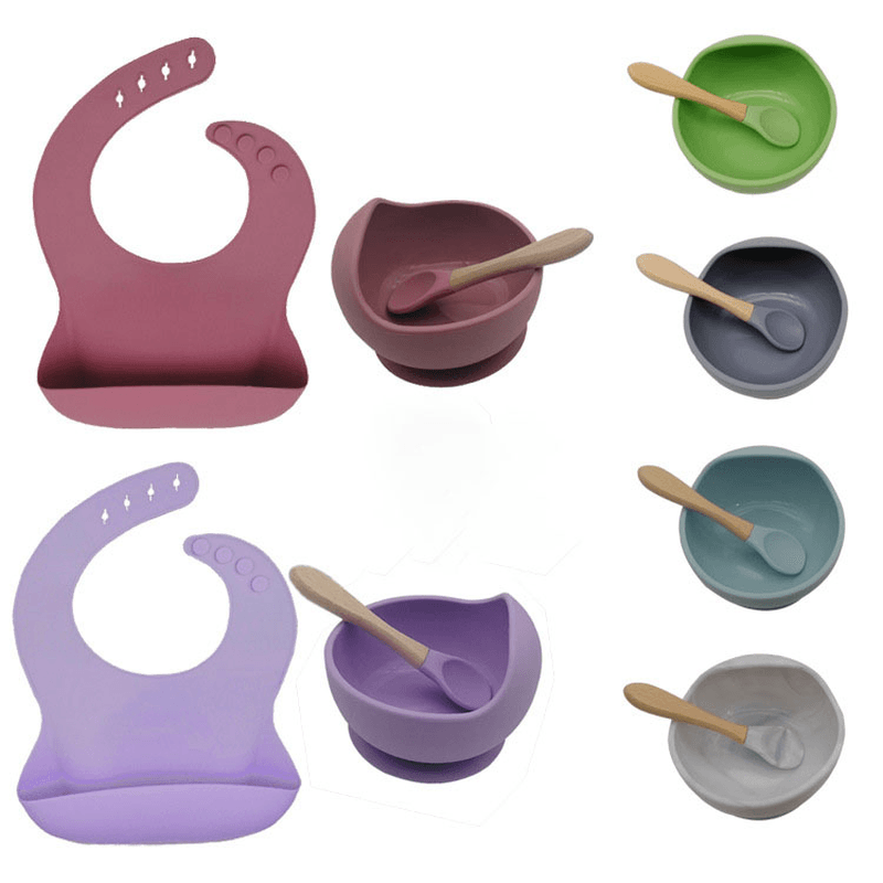 Baby Silicone Tableware Powerful Suction Cup Children'S Bowl Spoon Set Baby Silicone Saliva Pocket Baby Food Supplement Bowl - MRSLM