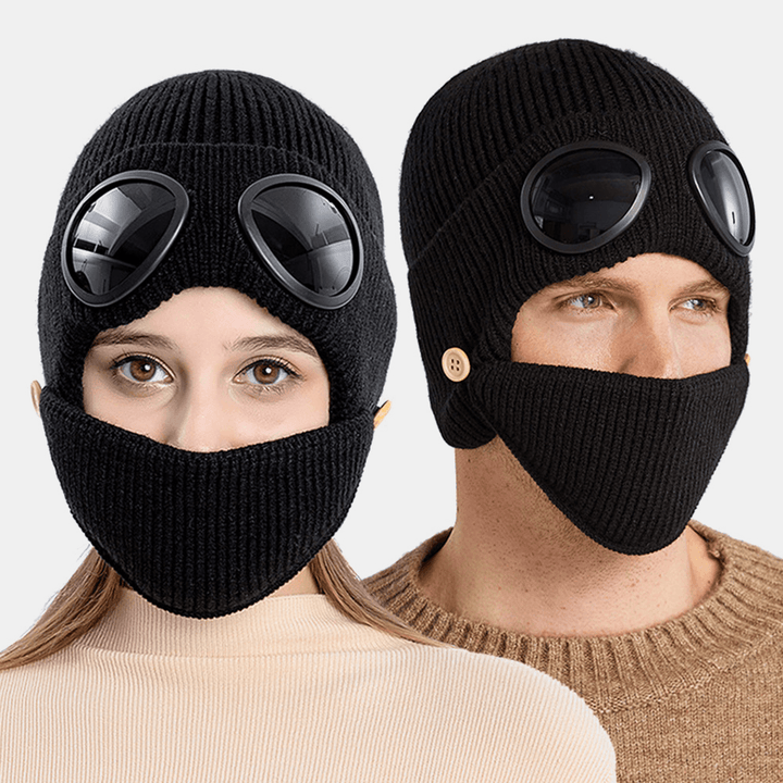 Unisex plus Velvet Thick Warm Neck Face Ear Protection Headgear Knitted Hat Mask Pilot Glasses - MRSLM