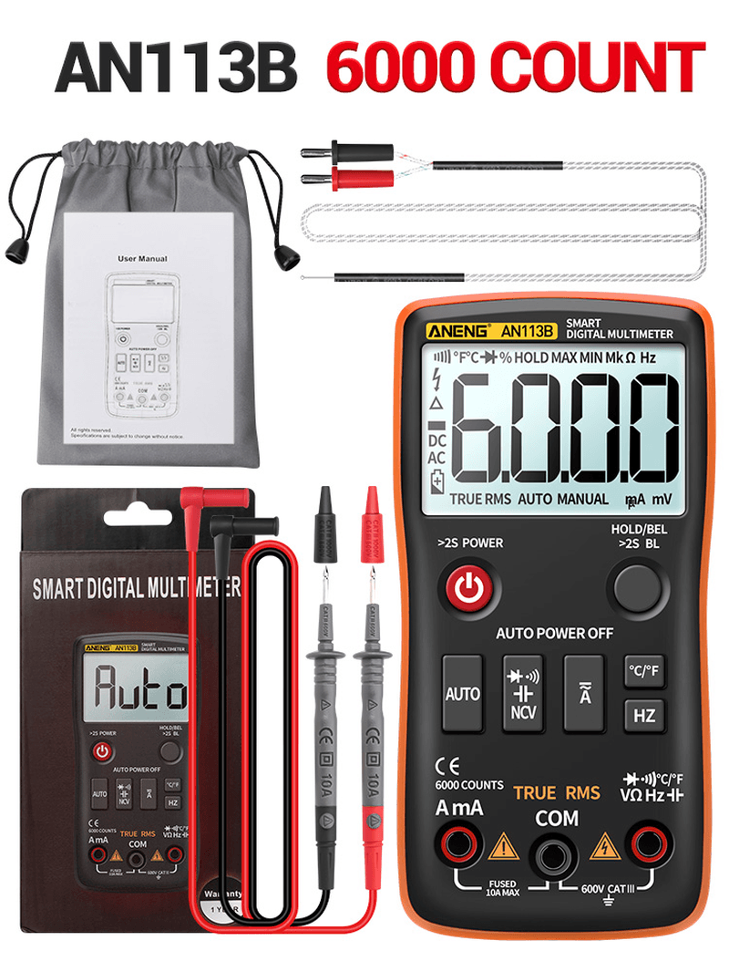 ANENG AN113B Digital Multimeter True RMS with Temperature Tester 6000 Counts Auto-Ranging AC/DC Transistor Voltage Meter - MRSLM