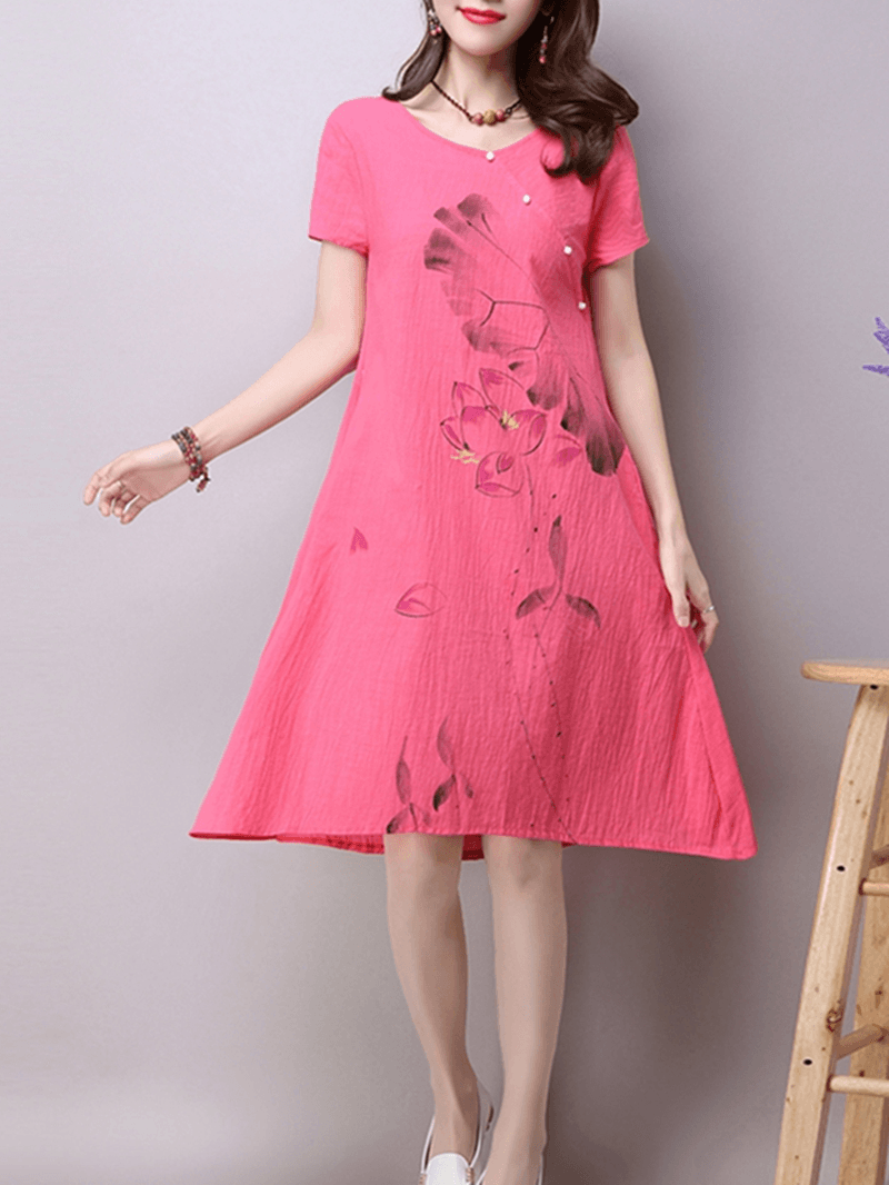 Vintage Women Print Loose Short Sleeve Dresses - MRSLM