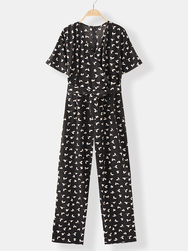 Chiffon V-Neck Print Short Sleeve Causal Jumpsuit - MRSLM