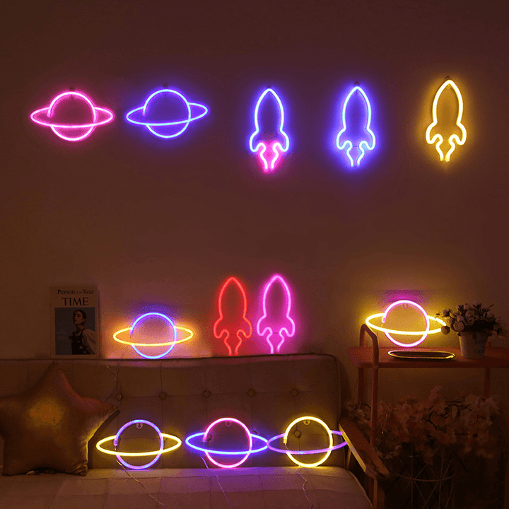 LED Planet Pattern Neon Light Dual-Use Battery USB Charging Home Room Decor Night Light for Club Bedroom Living Room Party Garden - MRSLM