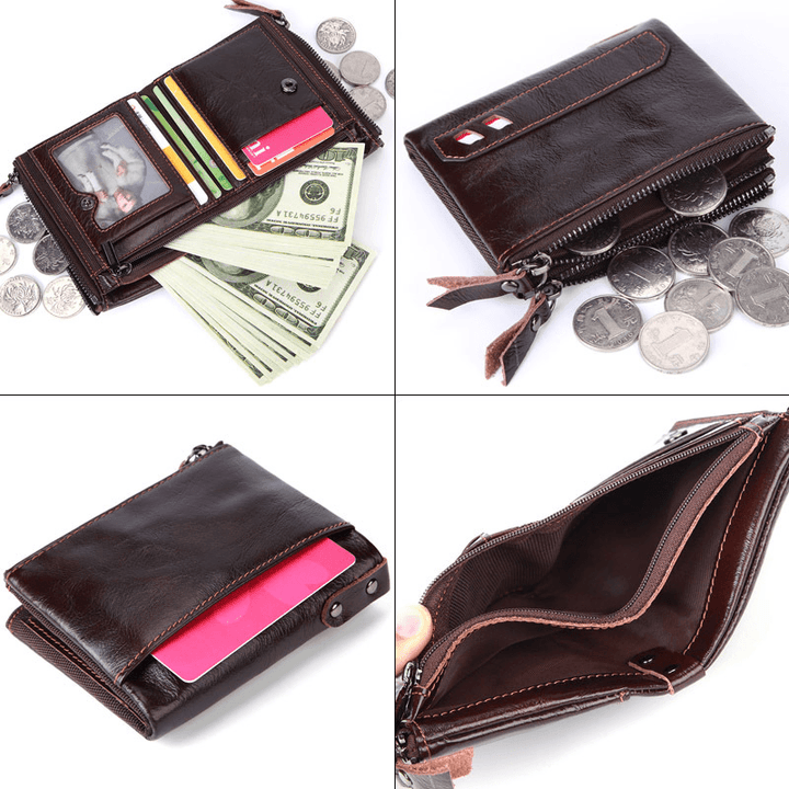 Men Genuine Leather Double Zipper Retro Business Short Hand Carry Card Holder Wallet - MRSLM